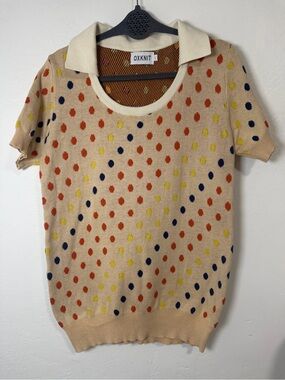 OXKNIT Polka Dot Knit Top Beige Multicolor Short Sleeve Collared Sweater Size L